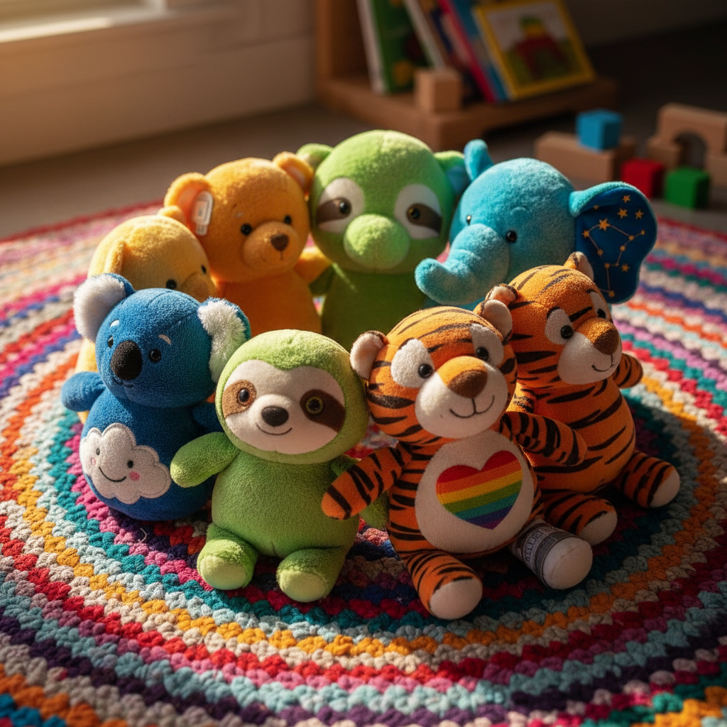 Several plush, tactile stuffed animals of varied sizes and inclusive designs—featuring soft, velvety textures and whimsical, sewn-on patches—lean together in a cozy circle. The group rests atop a large, circular, brightly-colored rag rug with undulating, rounded patterns. Warm, golden afternoon sunlight spills across the scene from a nearby window, casting gentle shadows and subtle highlights on the plush fur and rug fibers. This eye-level composition uses a shallow depth of field, focusing on the group while softly blurring the background, creating an inviting, comforting, and optimistic mood. The playful photographic style and vibrant color palette perfectly represent a family-friendly, supportive nonprofit environment.