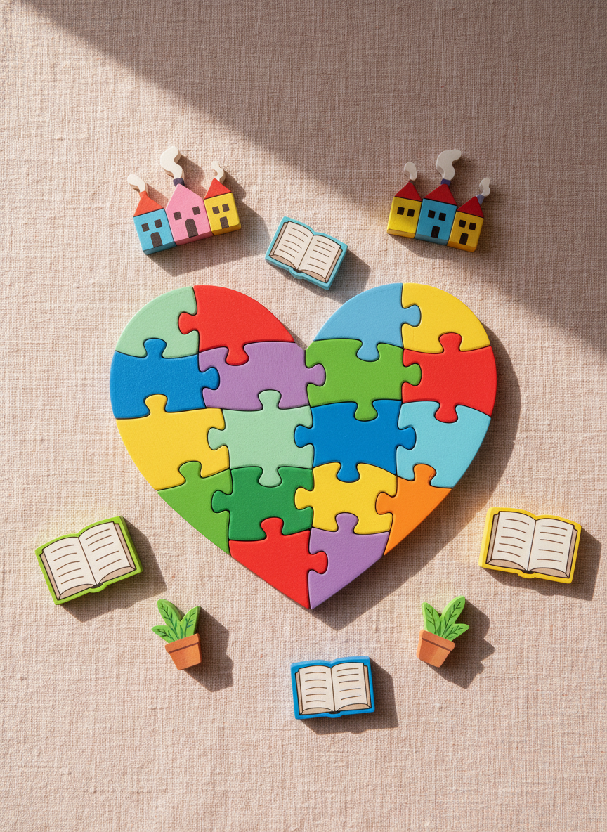 A whimsical arrangement of interlocking wooden puzzle pieces featuring bright, playful colors and smooth, rounded edges. The puzzle forms a heart shape at the center, surrounded by miniature symbols of home and support such as tiny houses, open books, and leafy plants. All pieces sit on a soft, textured linen table cloth in warm pastel tones. Natural daylight gently spills over the scene from the left, creating gentle highlights and diffused shadows, enhancing the tactile surfaces. The camera angle is directly overhead, giving a bird's-eye view that emphasizes togetherness and unity. The image is vibrantly colored, photographic, and exudes a playful yet calm atmosphere, aligning with the site's community-focused, inclusive mission.