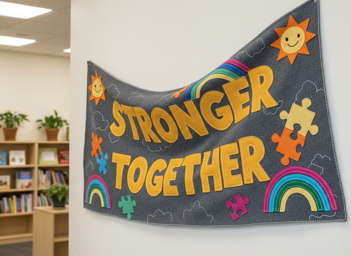 A stylized, oversized felt banner draped gracefully along a gently curving wall, decorated with bold, hand-cut letters spelling 'Stronger Together.' The banner is festooned with playful, stitched-on appliqués—smiling suns, rainbows, and joined puzzle pieces—crafted from rich, buttery felts in vivid, optimistic hues. The soft, even lighting from overhead imparts a clear, inviting atmosphere, with shadows softly demarcating the plush fabric textures. The image is framed at a mid-level, using the rule of thirds to capture both the banner and the gentle curve of the wall, conveying an uplifting, approachable, and vibrant mood in a photographic, family-friendly setting.