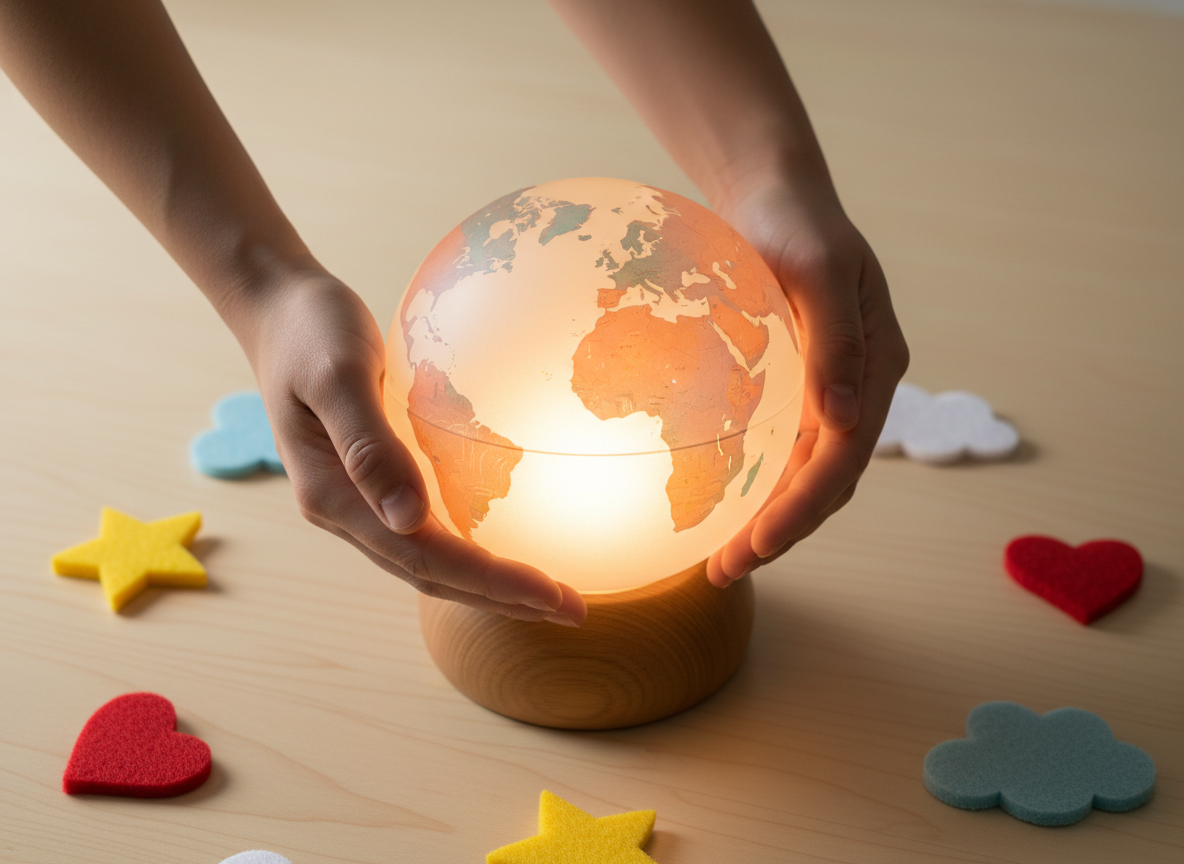 A close-up of hands forming a circle around a glowing, transparent globe lamp, with the lamp constructed of frosted glass and etched with whimsical, stylized continents in warm shades of orange, teal, and lavender. The globe sits on a smooth, rounded wooden base on a tabletop scattered with colorful, soft-edged felt shapes—stars, hearts, and clouds. Soft studio lighting from above produces a calm, gentle glow and luminous highlights along the glass, casting faint, rounded shadows on the tabletop. The composition is shot from a slightly elevated perspective, focusing on the hands and the glowing globe, conveying a united, hopeful, and energetic spirit that visually communicates universal support and connection.